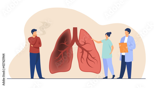 Tiny doctor showing lungs of smoker. Organ, physician, health flat vector illustration. Healthcare and obsessive habit concept for banner, website design or landing web page