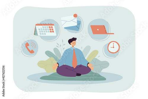 Cartoon businessman character practicing yoga or meditation. Flat vector illustration. Man relaxing on mat relieving stress from office work, focusing on balance, Zen. Health, time management concept