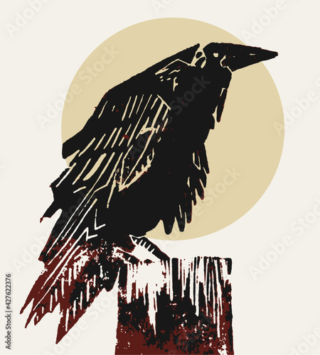 Raven/ crow linocut illustration. Ominous, brooding symbol of impending doom. 