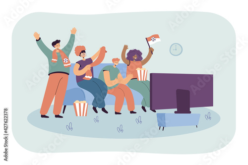 Friends watching soccer or football on TV together. Flat vector illustration. Fans sitting on couch celebrating and supporting live match streaming. Sport, supporting team, competition concept
