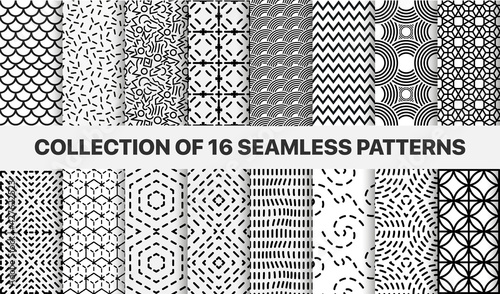 Set of seamless vector geometric patterns. Collection abstract geometrical backgrounds for design, fabric, textile, wrapping etc.