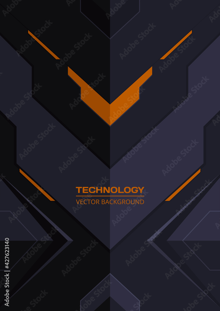 Abstract dark gray and orange geometric technological futuristic background. Modern trendy robotic gaming banner, poster, cover, flyer or brochure design. A4 format resolution, vector illustration.