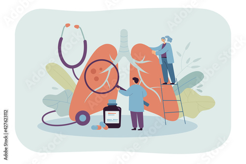 Tiny doctors diagnosing giant lungs or respiratory system. Flat vector illustration. Cartoon medic pulmonology specialists testing lungs for asthma, tuberculosis, cancer. Medicine, healthcare concept