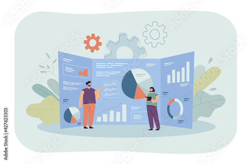 Cartoon tiny analysts and giant research dashboard with data. Flat vector illustration. Young people studying business strategy. Business, analysis, research concept for banner design or landing page