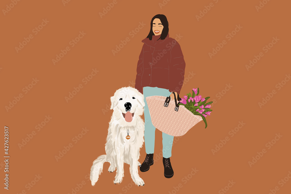 Woman walking and playing with a big white dog. Pet lover and owner. Activity with animal friend. Vector illustration Woman walking and playing with a big white dog. Pet lover and owner. Activity with animal friend. Vector illustration