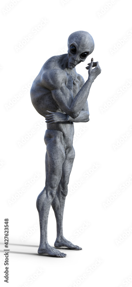 Illustration of a muscled gray alien standing in a thoughtful pose Illustration of a muscled gray alien standing in a thoughtful pose