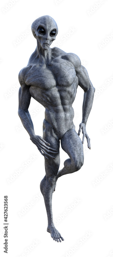 Illustration of a muscled gray alien standing with one leg up in a relaxed muscle pose