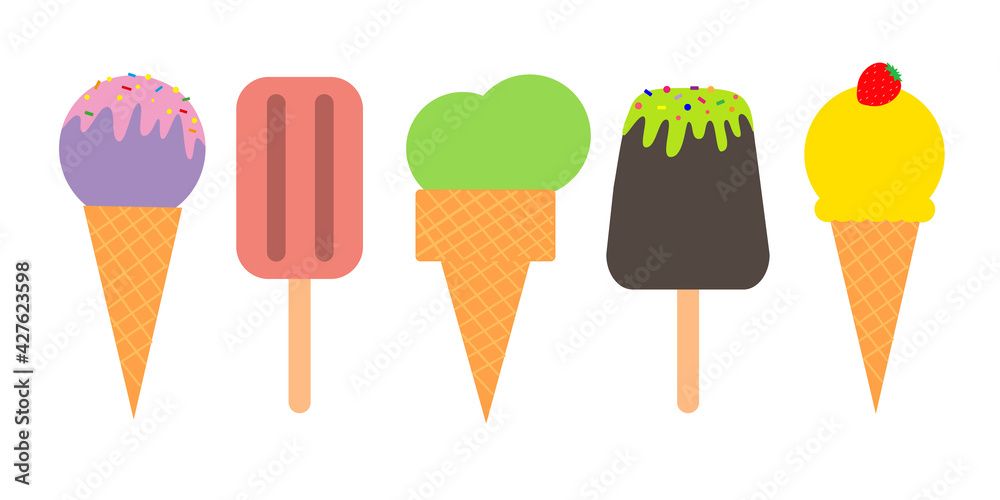 A set of sweet fruit ice cream and ice, on sticks and in waffle cups. A set of sweet fruit ice cream and ice, on sticks and in waffle cups.