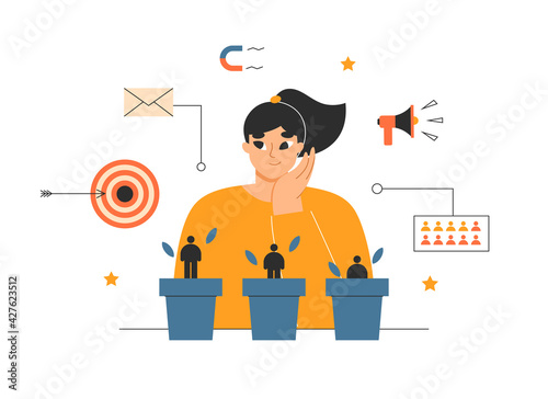 Lead nurturing, qualification, customer generation concept. Marketing manager growing new leads, customer base. Sales conversion, target audience, sales management. Isolated flat vector illustration