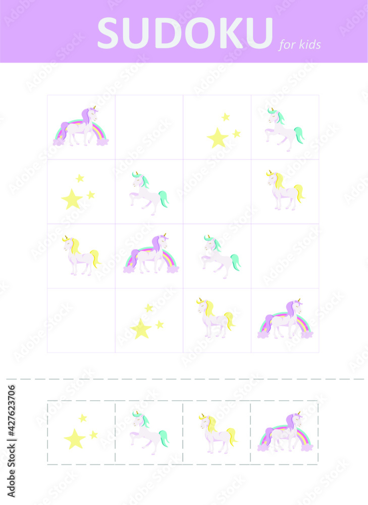 Sudoku for kids with unicorns. Children's puzzles. Educational game for children. Sudoku for kids with unicorns. Children's puzzles. Educational game for children.