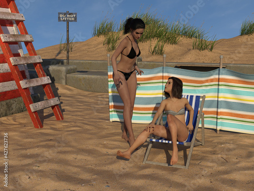 Illustration of a beach scene with one woman sitting in a lounge chair looking up and talking to a woman