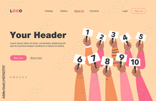Competition judges vector illustration. Line of hands holding and showing scorecards with scores or grades. For contest game, jury, evaluation, feedback, vote concept