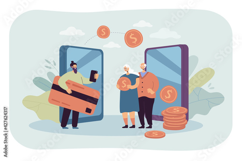 Remittance and money transfer between relatives. Flat vector illustration. Cartoon family making cashless financial transactions, sending money. Bank, mobile transfer payments, online wallet concept