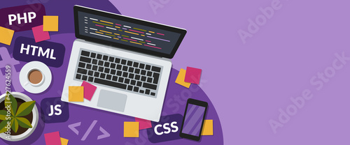 Stampa su tela Web development and coding concept web banner with copy space on purple background