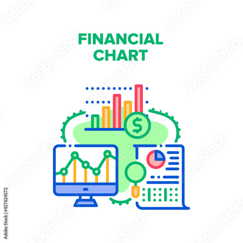 Financial Chart Vector Icon Concept. Financial Chart Researching And And Analyzing Finance Trade Report. Money Investment Infographic And Diagram Analysis. Business Color Illustration