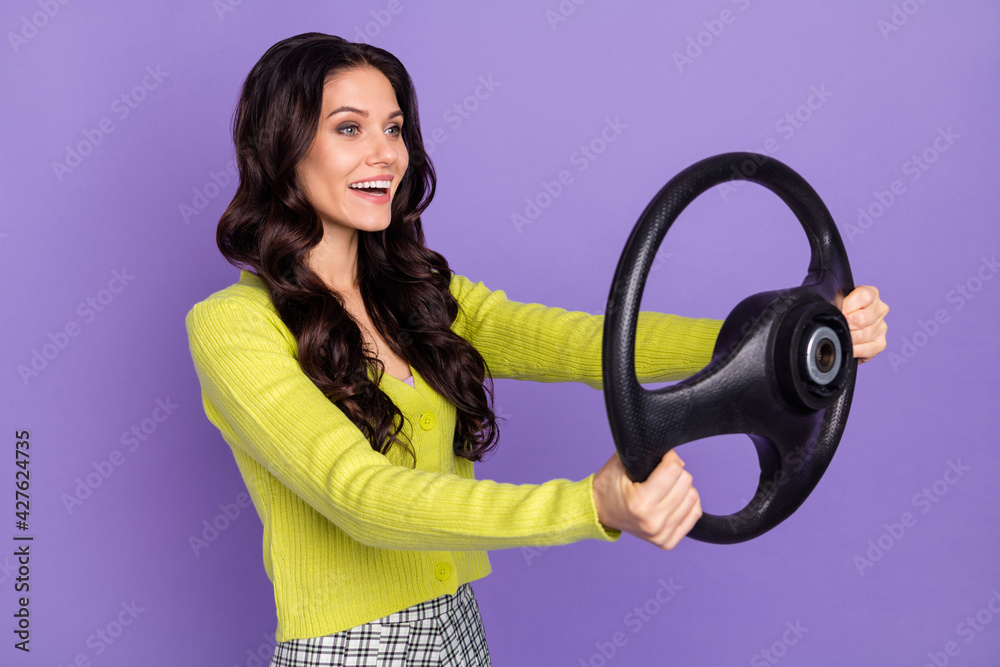 Side profile photo portrait of brunette woman keeping steering wheel driving car isolated on pastel purple color background Side profile photo portrait of brunette woman keeping steering wheel driving car isolated on pastel purple color background