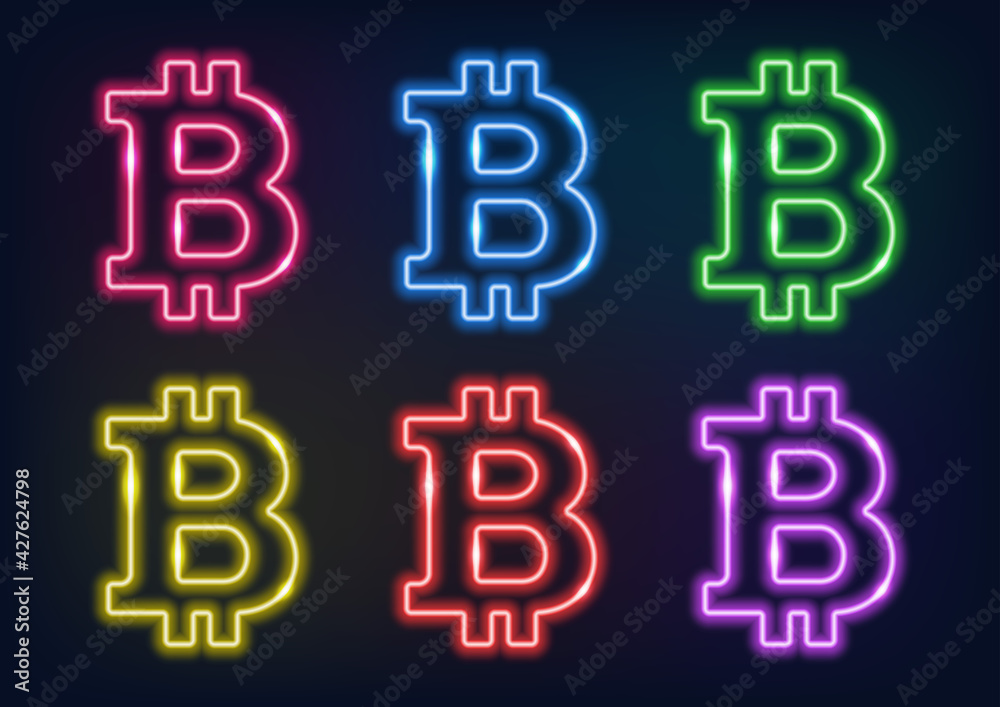 Bitcoin neon graphic symbol in different colors. Cryptocurrency logo in neon style. Glowing lines on a dark background. Bitcoin neon graphic symbol in different colors. Cryptocurrency logo in neon style. Glowing lines on a dark background.