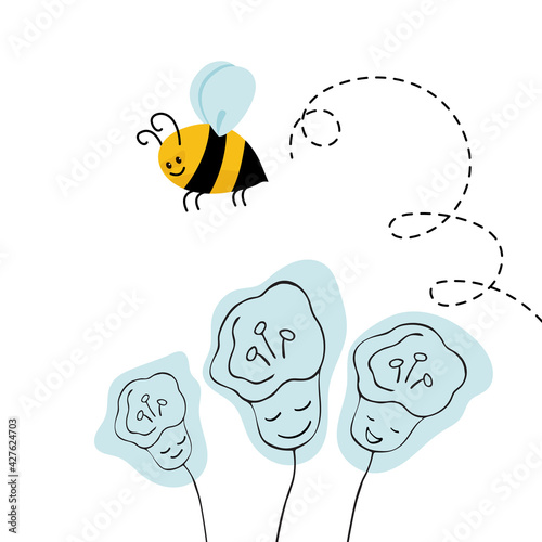 Cute bee with circles over the flower. Vector illustration of cartoon style.