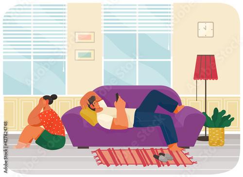 Man lies on couch at home and correspondence surfing the Internet, girl is crying, offending