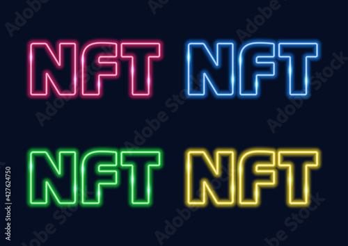 NFT nonfungible tokens text in neon style. NTF in different colors. Glowing sign on a dark background.