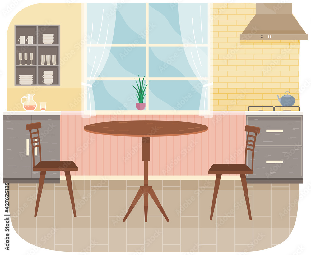 Fototapeta premium Modern kitchen interior with furniture. Wooden dining table and chairs vector illustration