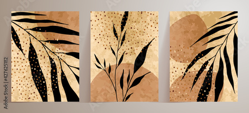 Black palm leaf, gold splashes, drops drawing with abstract shape. Abstract Botanical wall art vector set. Earth tone boho watercolor minimalistic background with doodles Plant geometric hand painted