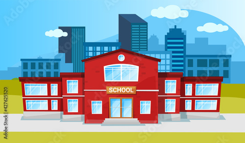 Fototapeta Naklejka Na Ścianę i Meble -  School building two-story red construction cartoon flat style. Sructure for children in cityscape