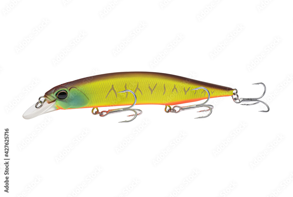 Wobbler with hooks for fishing as bait for fish, which is used for spinning. Fishing tackle for a fisherman. Wobbler with hooks for fishing as bait for fish, which is used for spinning. Fishing tackle for a fisherman.