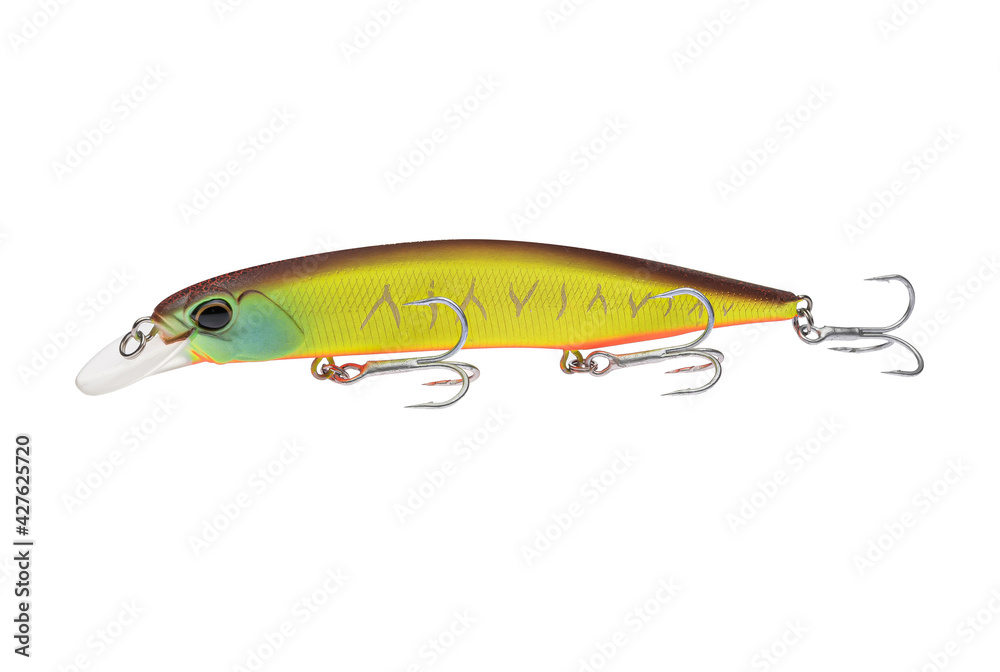 Wobbler with hooks for fishing as bait for fish, which is used for spinning. Fishing tackle for a fisherman. Wobbler with hooks for fishing as bait for fish, which is used for spinning. Fishing tackle for a fisherman.