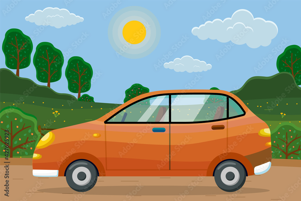Modern car parking along town street in cartoon style. Vehicles car on city street Modern car parking along town street in cartoon style. Vehicles car on city street