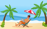Freelancer with laptop rests in recliner on beach at summer. Distant worker is typing keyboard
