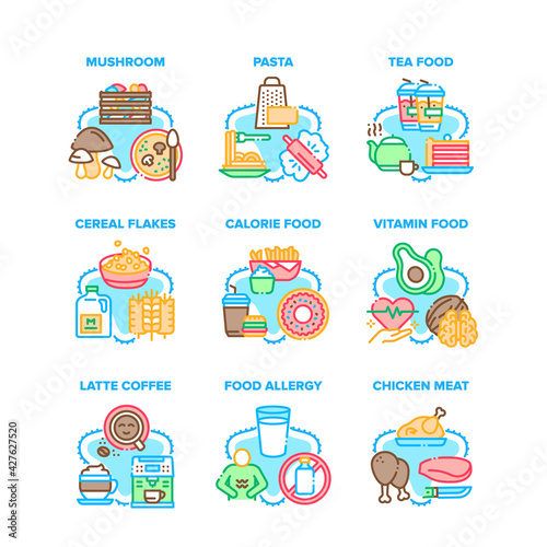 Food Collection Set Icons Vector Illustrations. Food Calorie And Vitamin, Tea And Latte Coffee Hot Energy Drinks, Mushroom And Chicken Meat, Pasta And Cereal Flakes Dish Color Illustrations