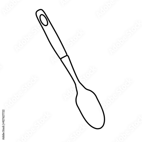 Kitchen spoon doodle. Household equipment hand drawing. Plastic Kitchen Accessory Ladle. Kitchen interior. Isolated object on white background. Vector illustration.