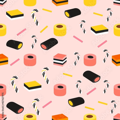 Licorice Seamless Pattern Colorful Candy Repeat Pattern.Vector. Background for Textile Design, Fabric Printing, Stationary, Packaging or Background
