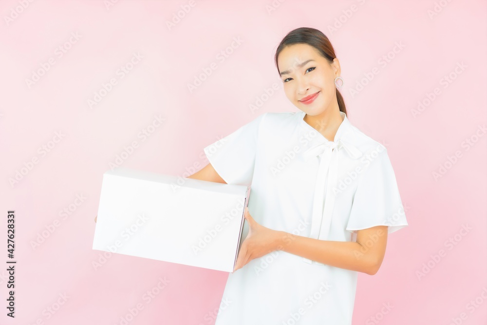 Portrait beautiful young asian woman with package parcel box Portrait beautiful young asian woman with package parcel box