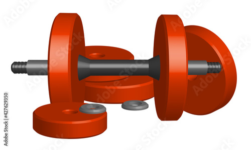 realistic detailed 3D model of disassembled red sports dumbbell. Healthy lifestyle, fitness. Realistic vector