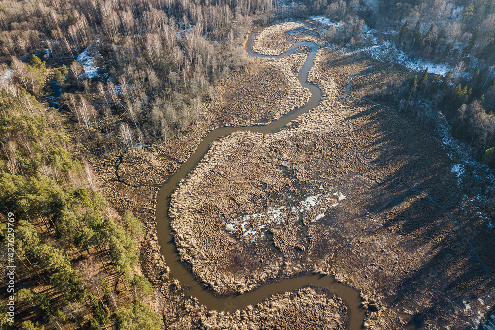 River and forest in Kazdanga, Latvia. Captured from above.
