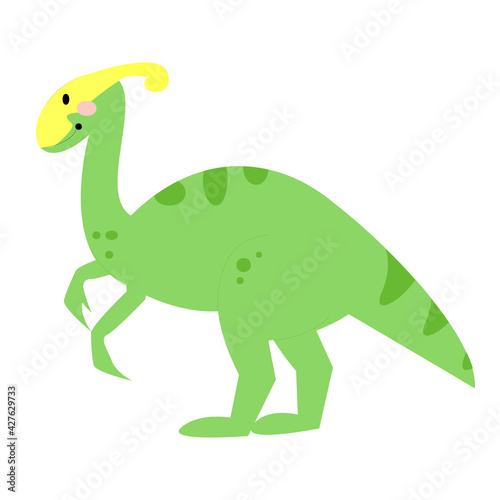 Vector bright green dinosaur. Cute parasaurolophus hand-drawn childish style isolated on white background. © Olga Feliz