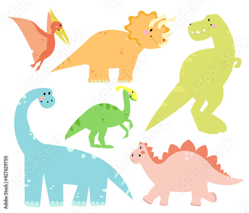 Big set with cartoon cute dinosaurs. Vector dino collection for kids design.