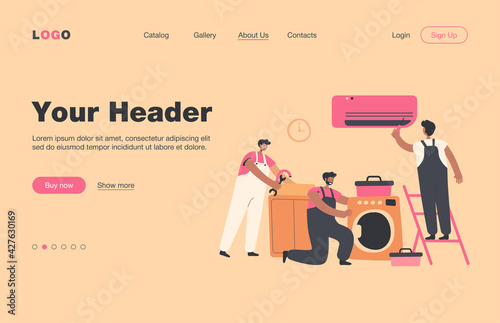 Handymen repairing clients home appliance. Service man end electrician fixing washing machine, air conditioner, plumbing equipment. Vector illustration for domestic work, maintenance concept