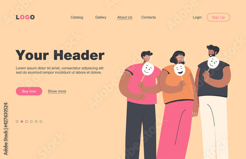 Depressed and angry people holding masks with happy faces for hiding their emotions. Vector illustration for personality, psychology, depression concept