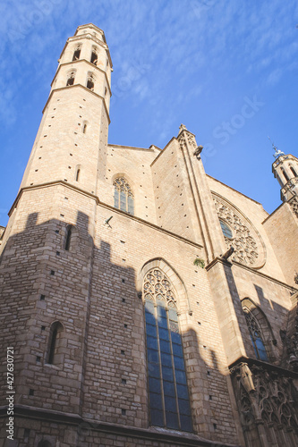 BARCELONA, SPAIN - OCT 24, 2019: Facade of Santa Maria del Mar Church in Barcelona