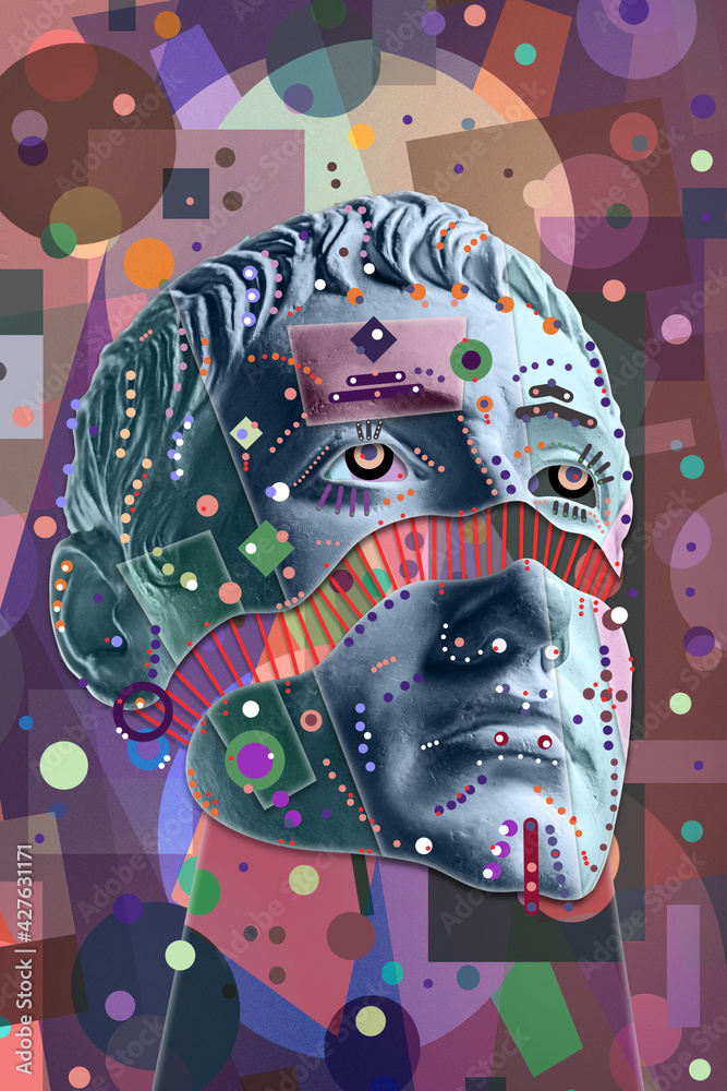 Collage with sculpture of human face in a pop art style. Modern creative  concept image with ancient statue head. Zine culture. Contemporary art  poster. Funky punk minimalism. Crypto art design. Stock Illustration