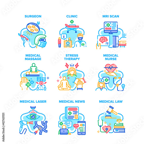 Medical Clinic Set Icons Vector Illustrations. Medical Nurse Massage And Law Advocate, Laser And Mri Scan Hospital Equipment, Stress Therapy And Surgeon Treatment Color Illustrations