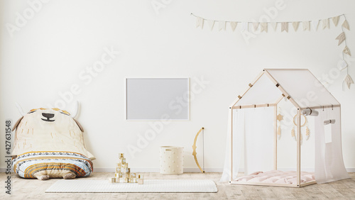 blank horizontal frame in children playroom interior in country style with tent, soft armchair and toys, 3d rendering
