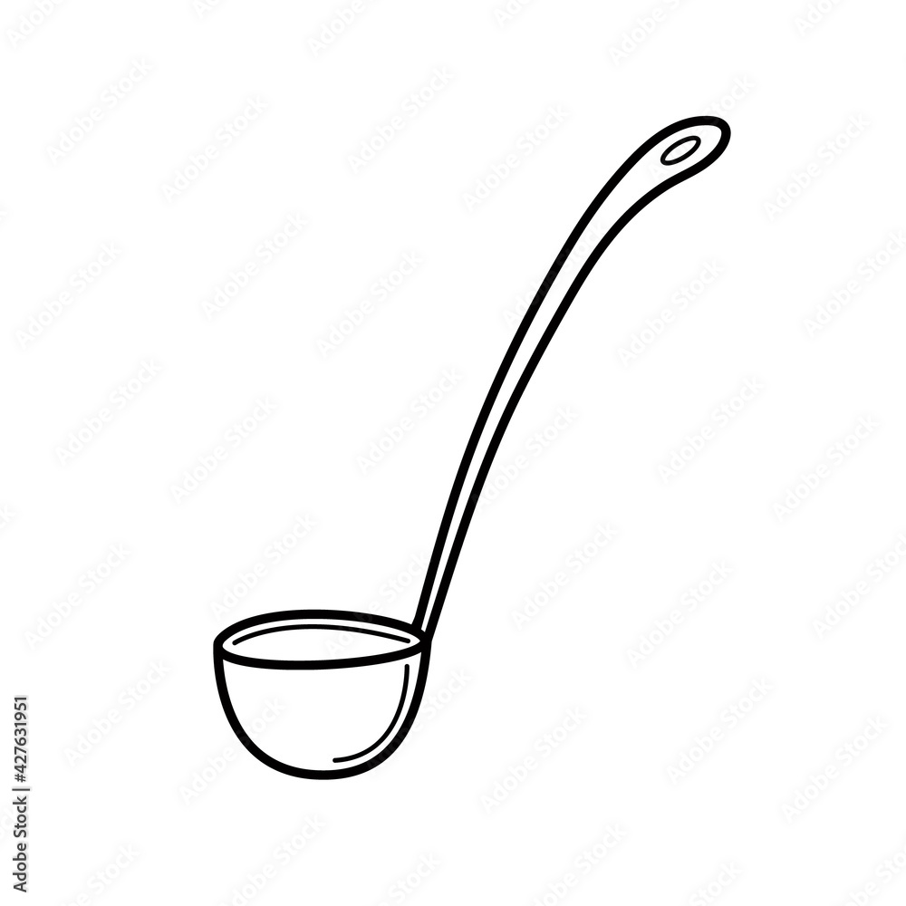 Soup ladle hand drawn outline simple doodle style vector illustration, kitchen utensils design element, line art cookware with long handle for serving dishes