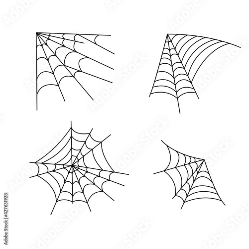Spider web set simple vector outline illustration of doodle fancy isolated Halloween objects on white background, clipart perfect for Halloween party decor, hand drawn image, cartoon spooky character