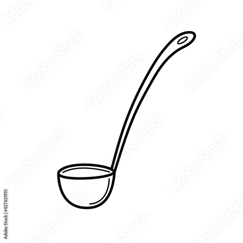 Soup ladle hand drawn outline simple doodle style vector illustration, kitchen utensils design element, line art cookware with long handle for serving dishes