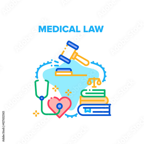 Medical Law Vector Icon Concept. Medical Law Literature For Protection Patient In Hospital, Clinic Justice Of Health Examination Or Operation. Judge Knock With Hammer For Judgement Color Illustration