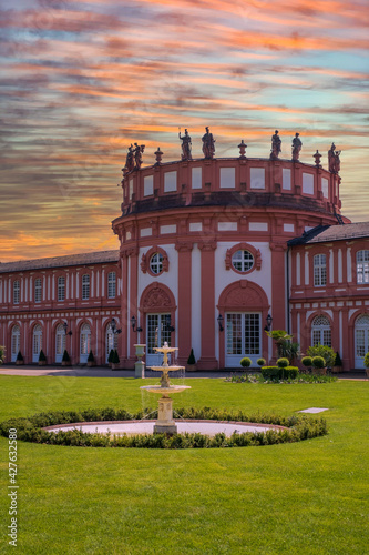 View towards the main building of the Biebrich Castle in Wiesbaden / Germany in the evening  photo